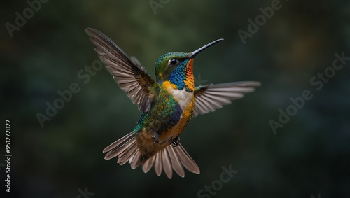 A close-up of a hummingbird hovering in mid-air, showcasing its vibrant feathers and delicate wings. Generative AI. 