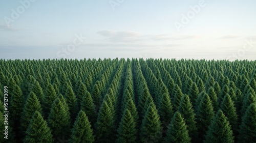 Aerial view of a vast evergreen forest, showcasing rows of tall, green trees under a clear blue sky.