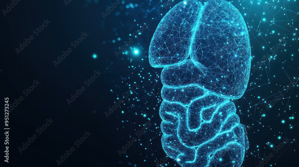 Digital representation of human organs illuminated in blue, showcasing intricate neural connections in a dark space Digital representation of human organs illuminated in blue, showcasing intricate neural connections in a dark space