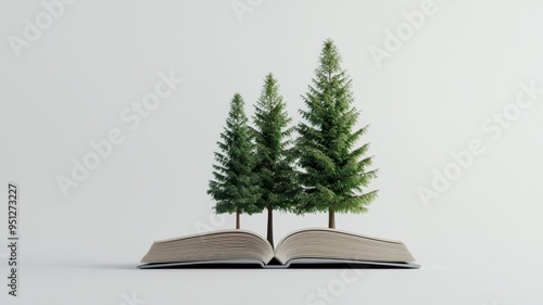 An open book with lush green trees growing from its pages, symbolizing imagination, nature, and creativity. photo