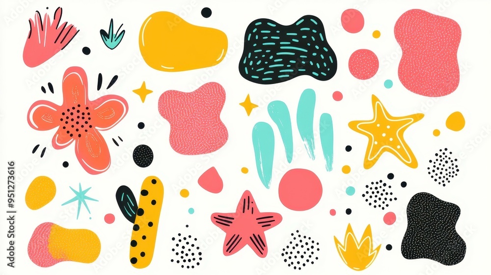 Explore a vibrant sticker pack featuring abstract retro shapes and playful designs in groovy s and s styles. Explore a vibrant sticker pack featuring abstract retro shapes and playful designs in groovy s and s styles.