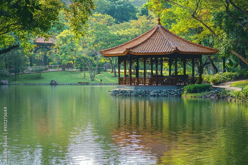 Tranquil Gazebo Overlooking a Serene Pond in a Lush Garden Tranquil Gazebo Overlooking a Serene Pond in a Lush Garden