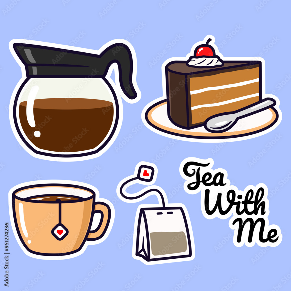Tea with cake cartoon digital sticker set Tea with cake cartoon digital sticker set
