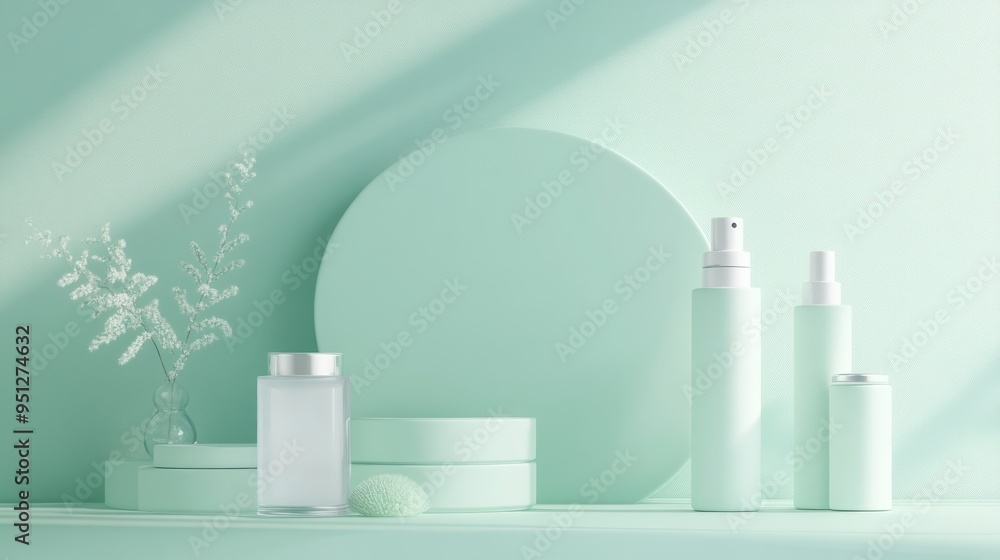 Scene for showcase or cosmetic product presentation, in green pastel colors, 3d rendering Scene for showcase or cosmetic product presentation, in green pastel colors, 3d rendering