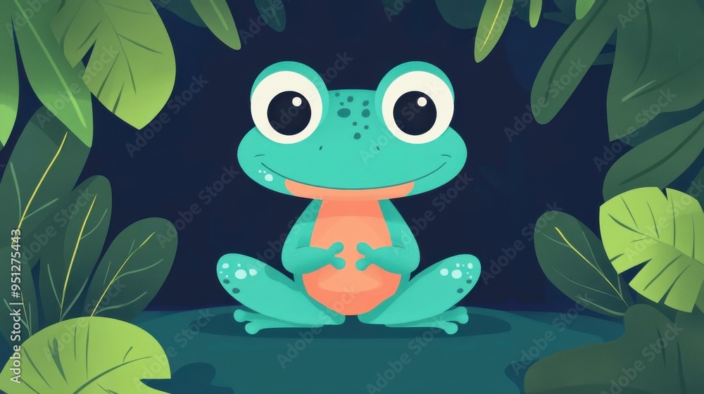 Fototapeta premium Immerse in a vibrant animation of a stunning waterfall, surrounded by lush greenery and a playful frog, perfect for nature lovers.