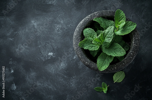 mint leaves in an antique stone mortar on a dark gray background photo