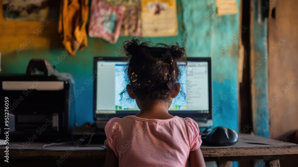 Young Girl Focused on Computer Screen in Colorful Environment Young Girl Focused on Computer Screen in Colorful Environment