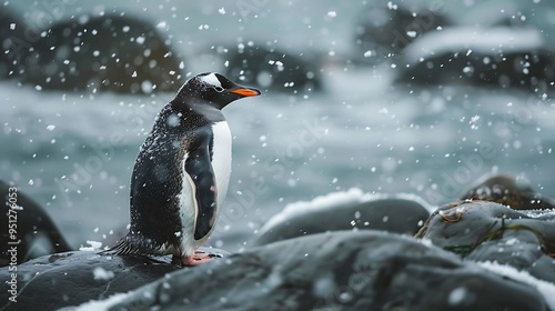A penguin on the rocks and snow on him in the snow