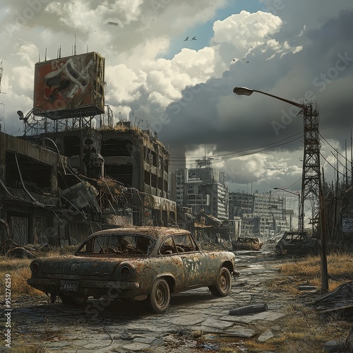 Post-Apocalyptic Cityscape: A lone car navigates through the desolate remnants of a once-thriving city, the haunting silence broken only by the wind whistling through the shattered buildings. The omin photo