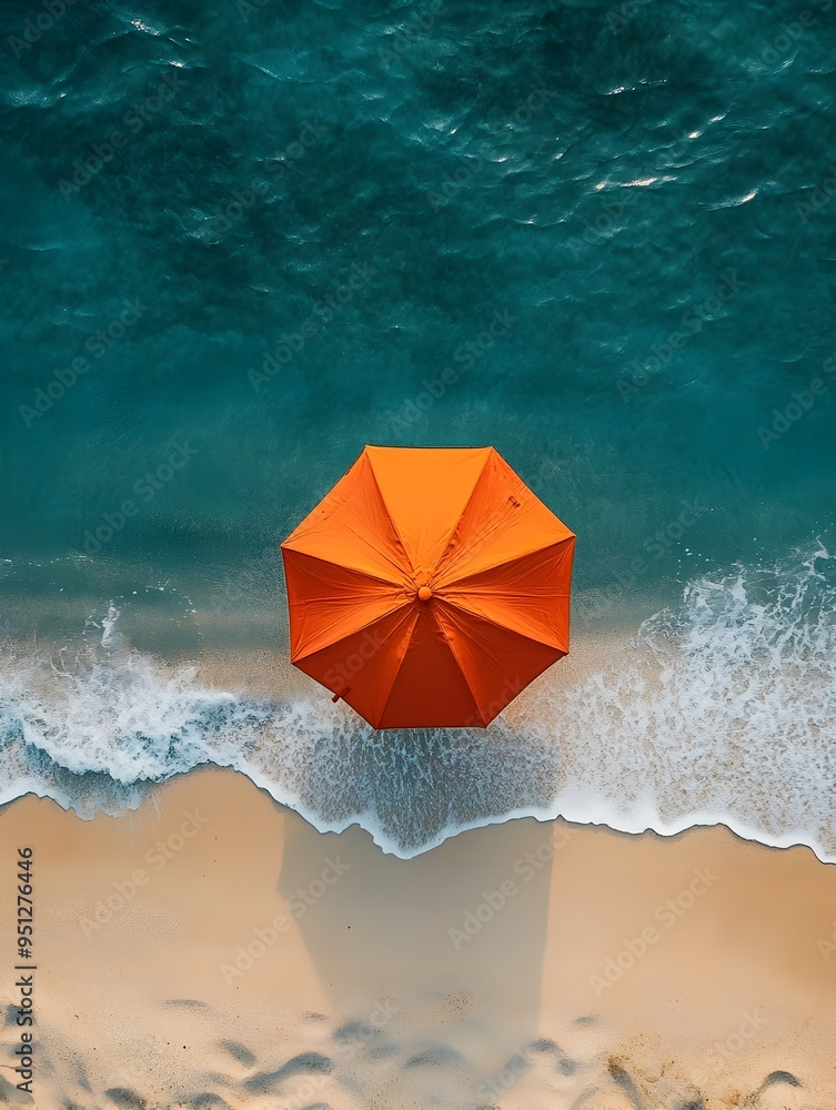 Naklejka premium Overhead Aerial View of Orange Umbrella on Beautiful Summer Beach