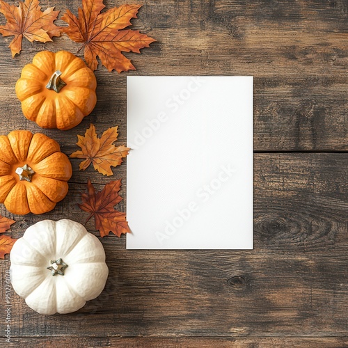 Autumn Mockup with Pumpkins and Blank Paper on Rustic Wooden Background. photo