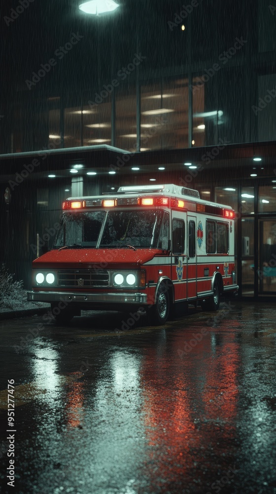 Obraz premium A red ambulance with flashing lights parked outside a hospital on a rainy night, with reflections on wet pavement.