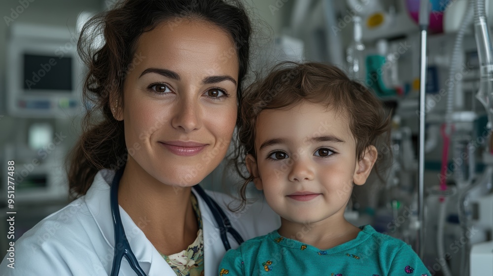 A caring female doctor smiling while holding a young child patient in a hospital room, with medical equipment in the background. A caring female doctor smiling while holding a young child patient in a hospital room, with medical equipment in the background.