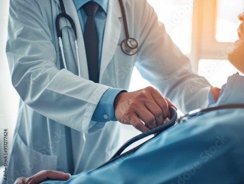 The hands of a healthcare professional are captured up close, gripping a stethoscope, embodying the essence of medical care, patient examination, and health.