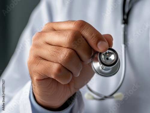 A healthcare professional's hands are seen up close, holding a stethoscope, symbolizing medical care, patient examination, and health.