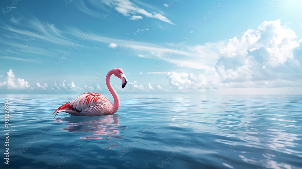 Fototapeta premium A pink flamingo swimming in the ocean against a blue sky