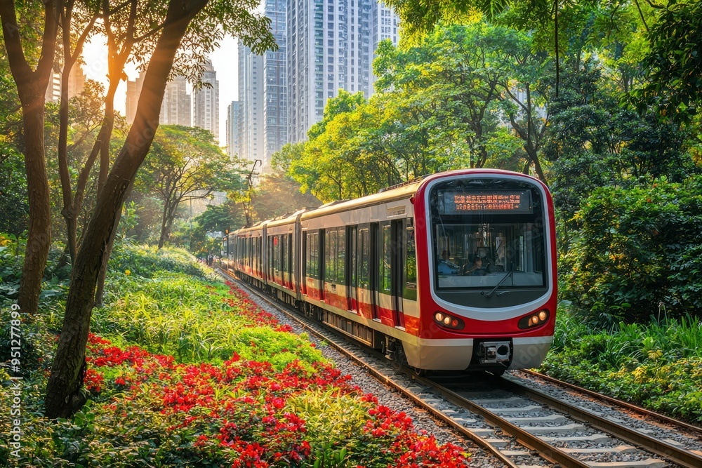 Naklejka premium Train Traveling Through Lush Green Urban Landscape