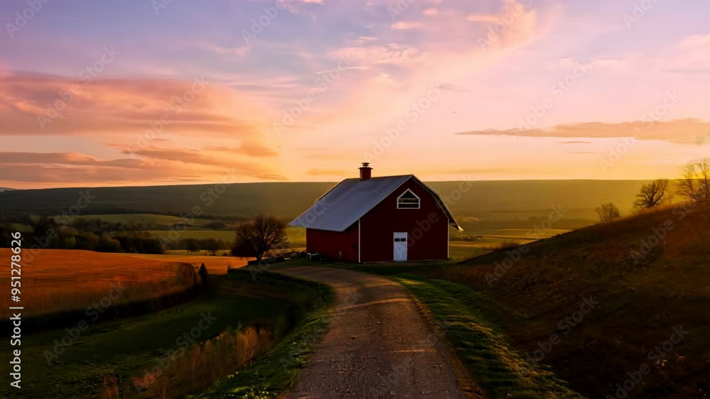 Sunset over a serene farm landscape with a red barn and rolling hills in the countryside