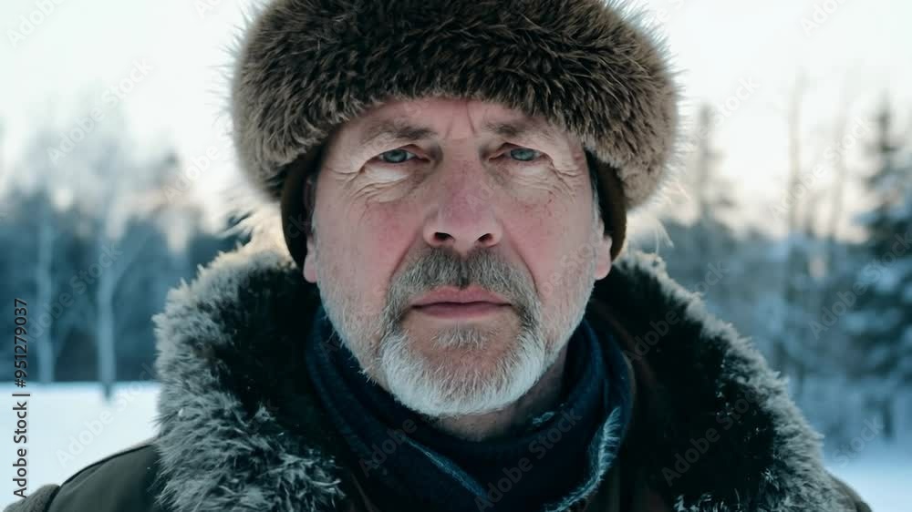 Hunter wearing fur hat staring with neutral expression Hunter wearing fur hat staring with neutral expression