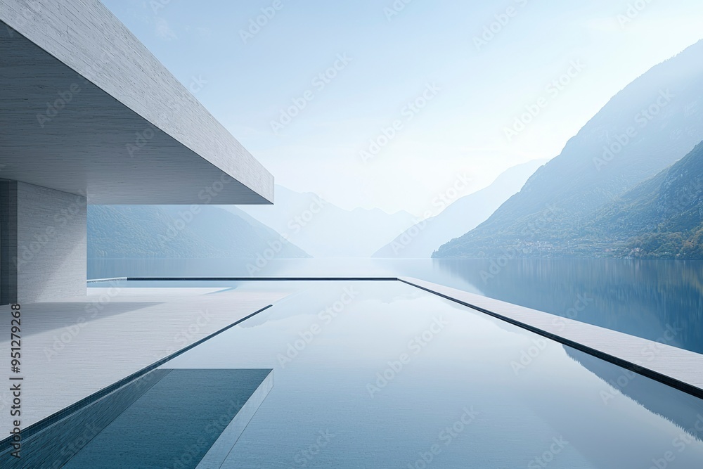 Modern Architecture Overlooking a Tranquil Lake and Mountains Modern Architecture Overlooking a Tranquil Lake and Mountains