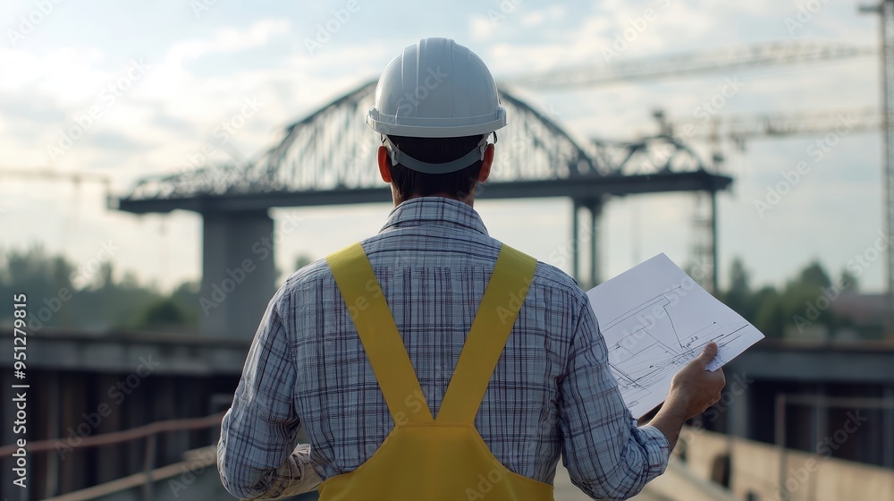 Construction Worker Inspecting Civil Engineering Project at Bridge Site Construction Worker Inspecting Civil Engineering Project at Bridge Site