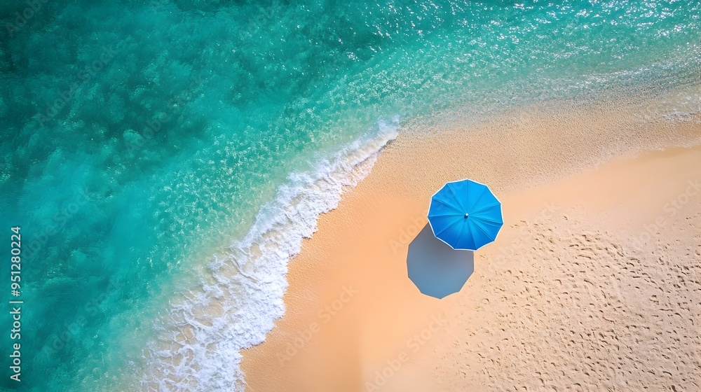 Minimalist Aerial View of Lone Beach Umbrella in Serene Turquoise Seascape Minimalist Aerial View of Lone Beach Umbrella in Serene Turquoise Seascape