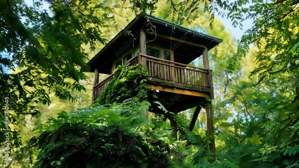 Explore a hidden treehouse nestled in vibrant greenery during a peaceful afternoon in a lush forest setting Explore a hidden treehouse nestled in vibrant greenery during a peaceful afternoon in a lush forest setting