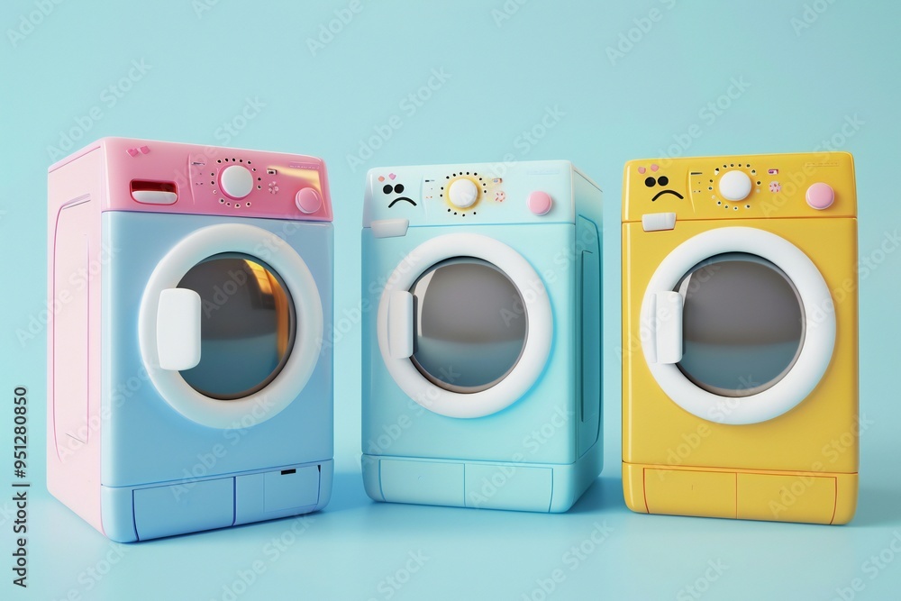 Cute cartoon style washing machines, different designs, 3D render , created by ai Cute cartoon style washing machines, different designs, 3D render , created by ai