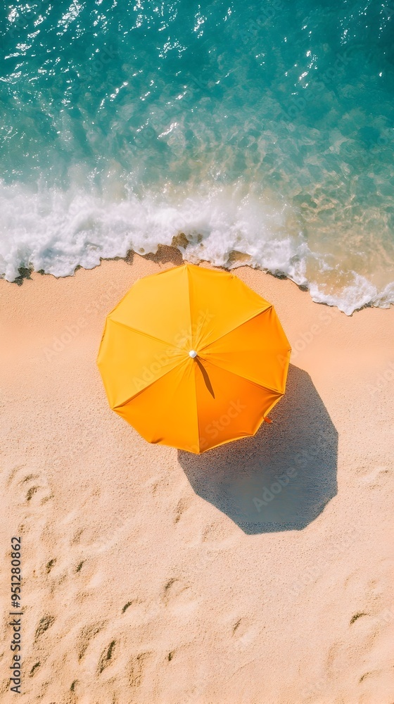 Naklejka premium Aerial View of Vibrant Yellow Sun Umbrella on a Pristine Summer Beach with Turquoise Ocean Waves