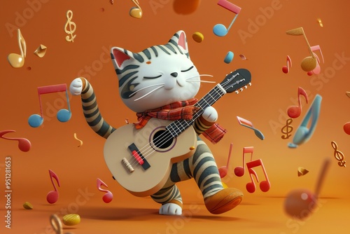 Delightful 3D cartoon cat playing the guitar, surrounded by musical notes, created by ai