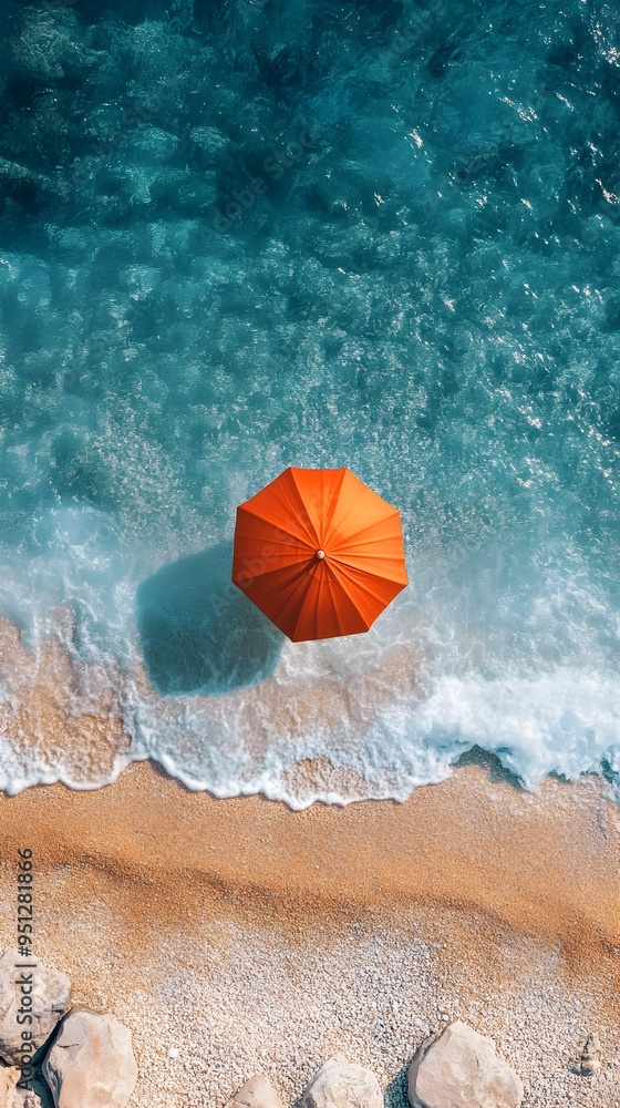 Naklejka premium Aerial View of Sun Umbrella on Serene Summer Beach with Clear Space