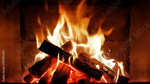 Cozy evening by the fireplace with crackling wood and warm flames in a rustic cabin setting
