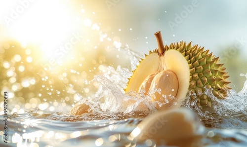 Freshness durian fruit slice in splashing water with warm sunlight on a soft bokeh background for a tropical vibe photo