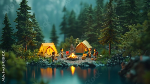 A group of toy children gathered around a campfire at a campingplatz in a dense forest by a serene lake, with tents and trees in the background, captured in 8K hyper quality  photo