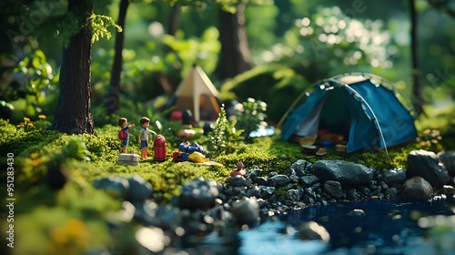 A vibrant scene of toy children exploring a forest campingplatz by the lake, with detailed miniatures of camping gear and nature elements, in 8K hyper quality  photo