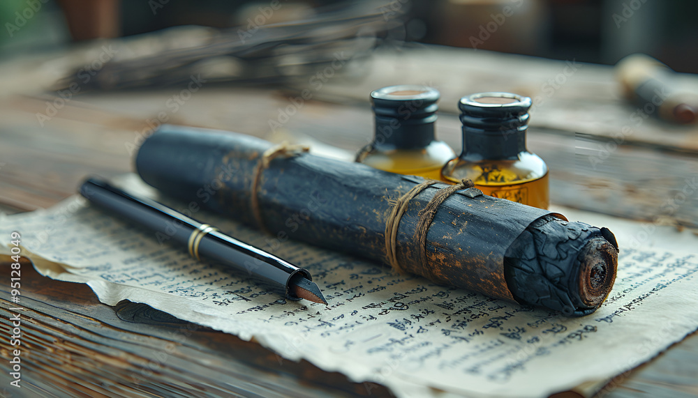 Obraz premium wooden table with a roll of parchment paper on it