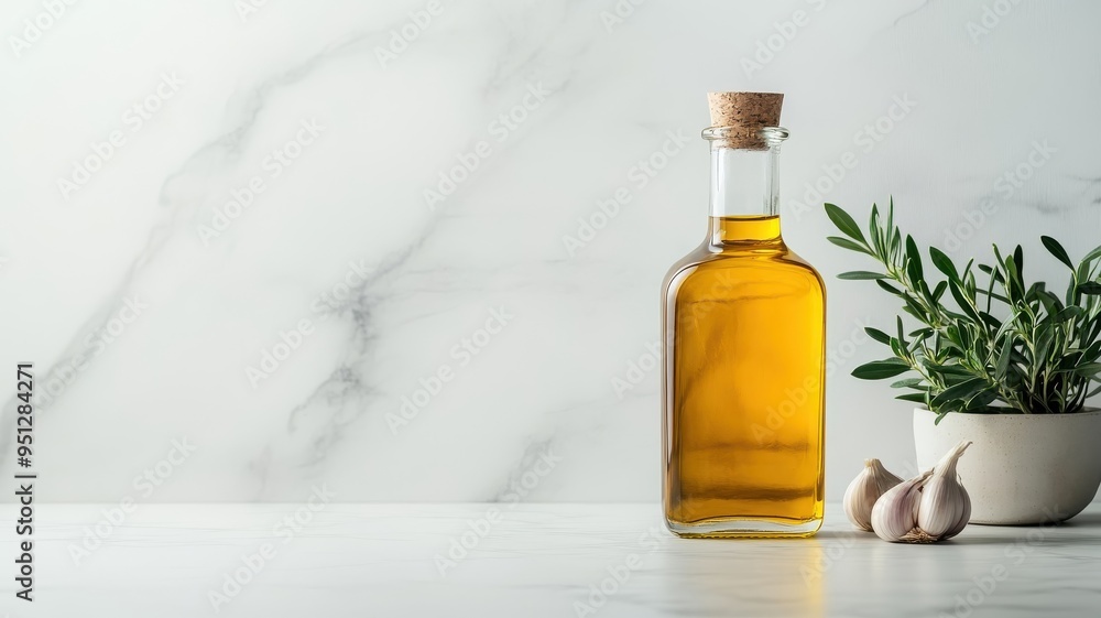 Single glass bottle of garlic-infused olive oil on white marble countertop. Single glass bottle of garlic-infused olive oil on white marble countertop.
