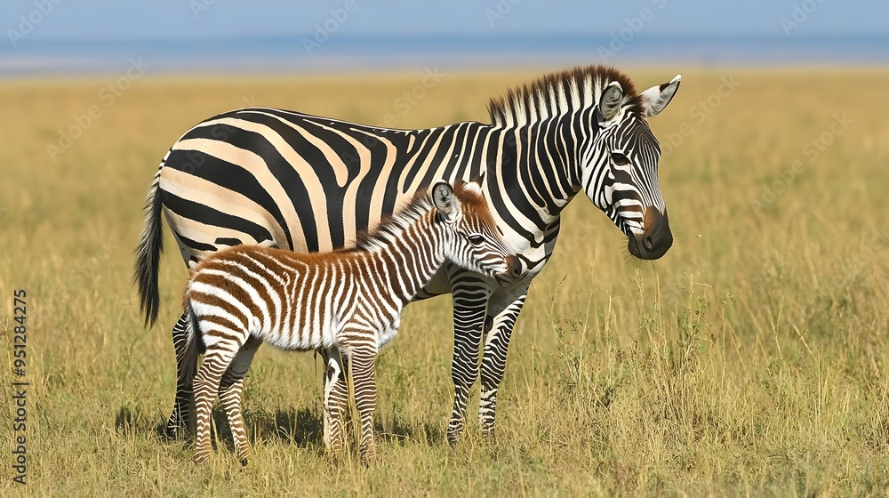 Fototapeta premium Zebra Mother and Foal Grazing in Serene African Ecosystem