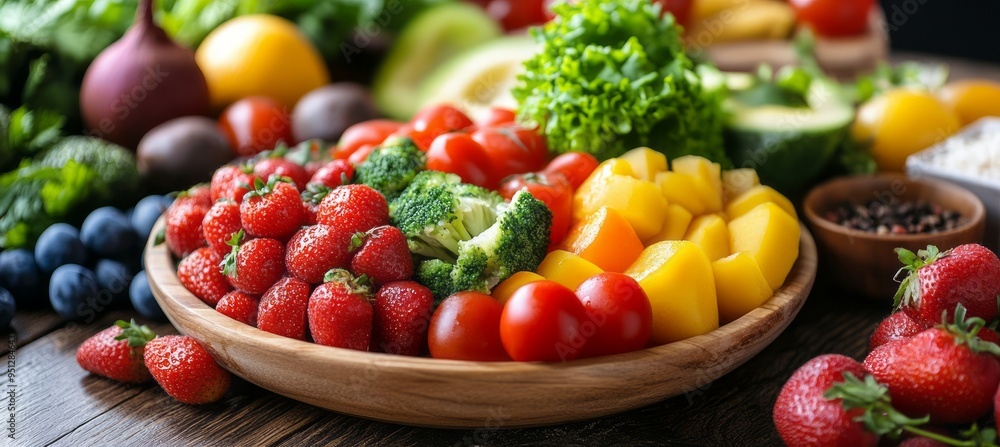 Vegetable and fruit plate. Generative AI technology. Vegetable and fruit plate. Generative AI technology.
