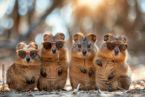 Group of quokka friends in sunglass shade glasses isolated on  bright background, created by ai