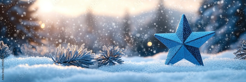 Winter decoration with a blue star and snowflakes on a snowy landscape background. Winter decoration with a blue star and snowflakes on a snowy landscape background.