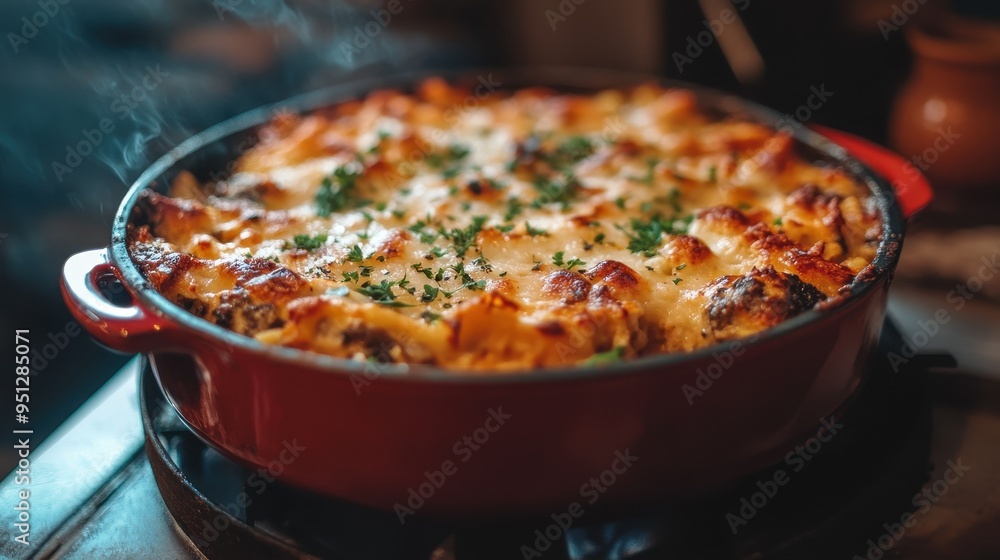 Savory Baked Pasta Dish with Melted Cheese and Herbs