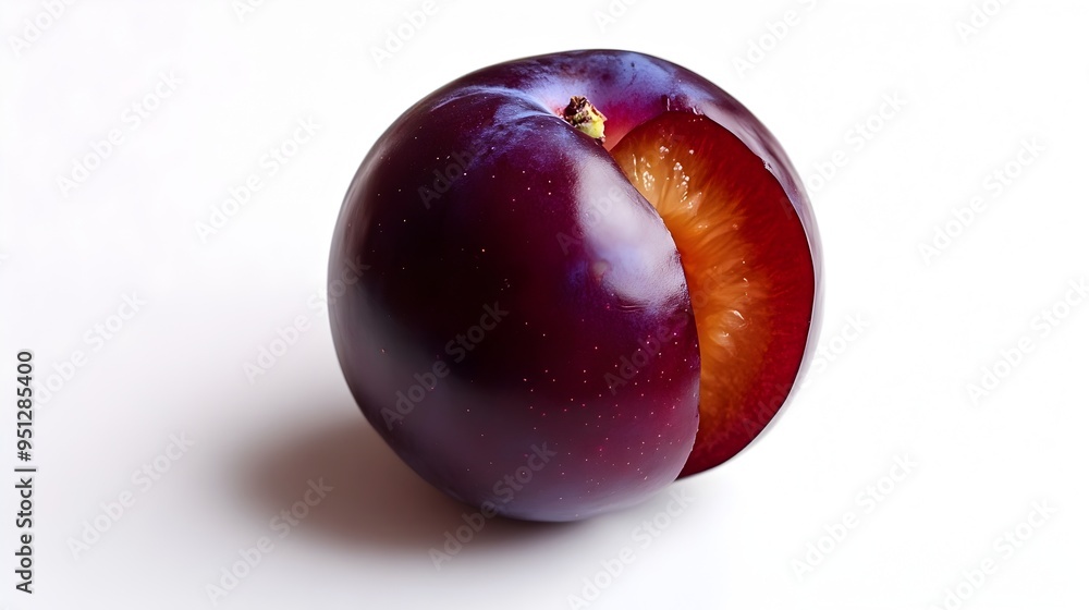 Close up of a Juicy Plum with a Bite Revealing Its Interior on a White Background Close up of a Juicy Plum with a Bite Revealing Its Interior on a White Background