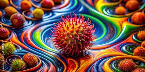 A sinuous serenade of swirling shapes and kaleidoscopic hues converges to frame a languid Quandong, its vibrant colors swirling in mesmerizing syncopation.