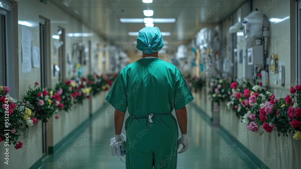A surgeon in green scrubs walks down a hospital hallway lined with colorful flower arrangements, creating a contrast between clinical and comforting elements. A surgeon in green scrubs walks down a hospital hallway lined with colorful flower arrangements, creating a contrast between clinical and comforting elements.