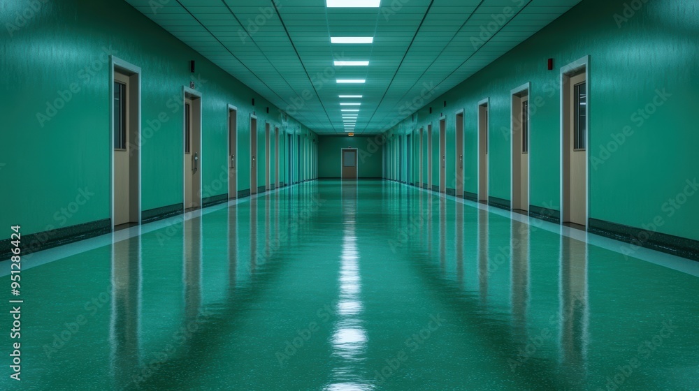 A long, empty hospital corridor with reflective green floors, bright overhead lighting, and rows of closed doors, creating a clinical atmosphere. A long, empty hospital corridor with reflective green floors, bright overhead lighting, and rows of closed doors, creating a clinical atmosphere.