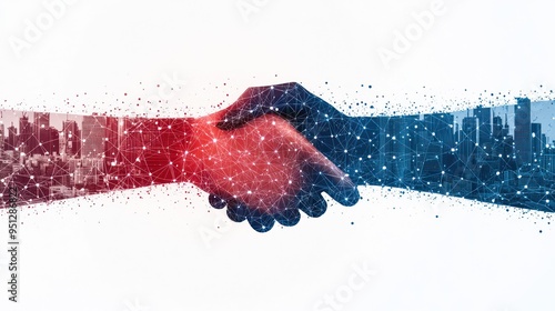 Building Trust and Connected Teamwork: Double Exposure of Conference Group with Digitized Network and Handshake, Generate Ai photo