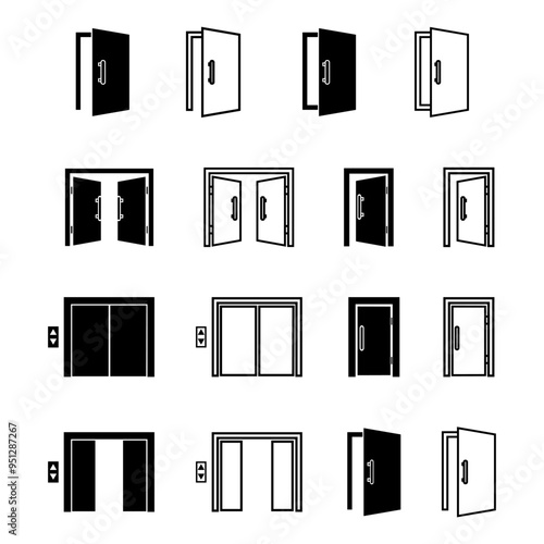 Icon sets of house doors and windows, corners, furniture, people elevator icons, exits and entrances. Simple modern design. Vector illustration of lines and silhouettes