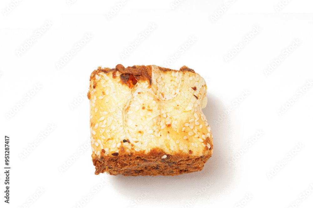 A soft and savory rolled bread topped with shredded beef or chicken floss (floss roll bread), photographed against a white background. Perfect as a snack.