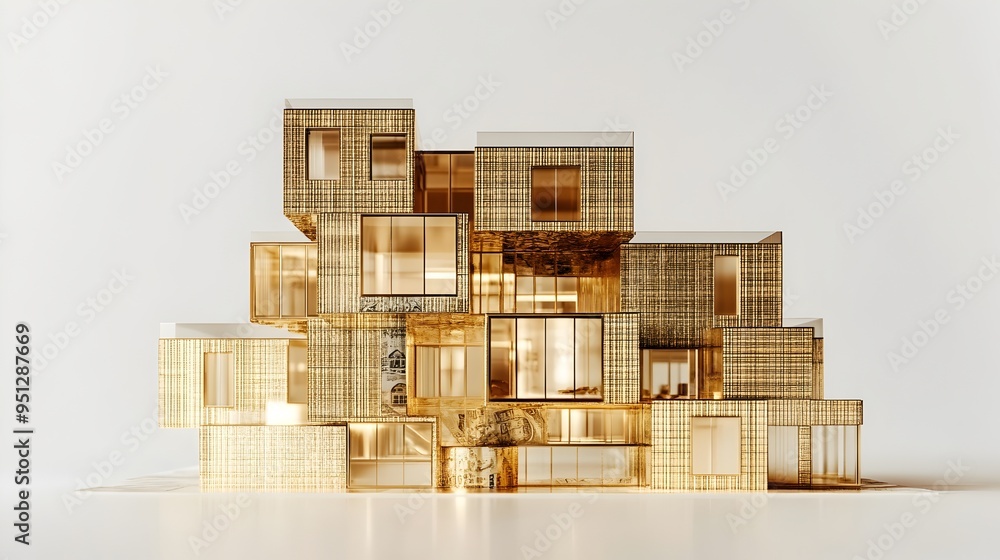 Luxurious Hotel Model Crafted from Gold Bricks and Banknotes on White Background Luxurious Hotel Model Crafted from Gold Bricks and Banknotes on White Background